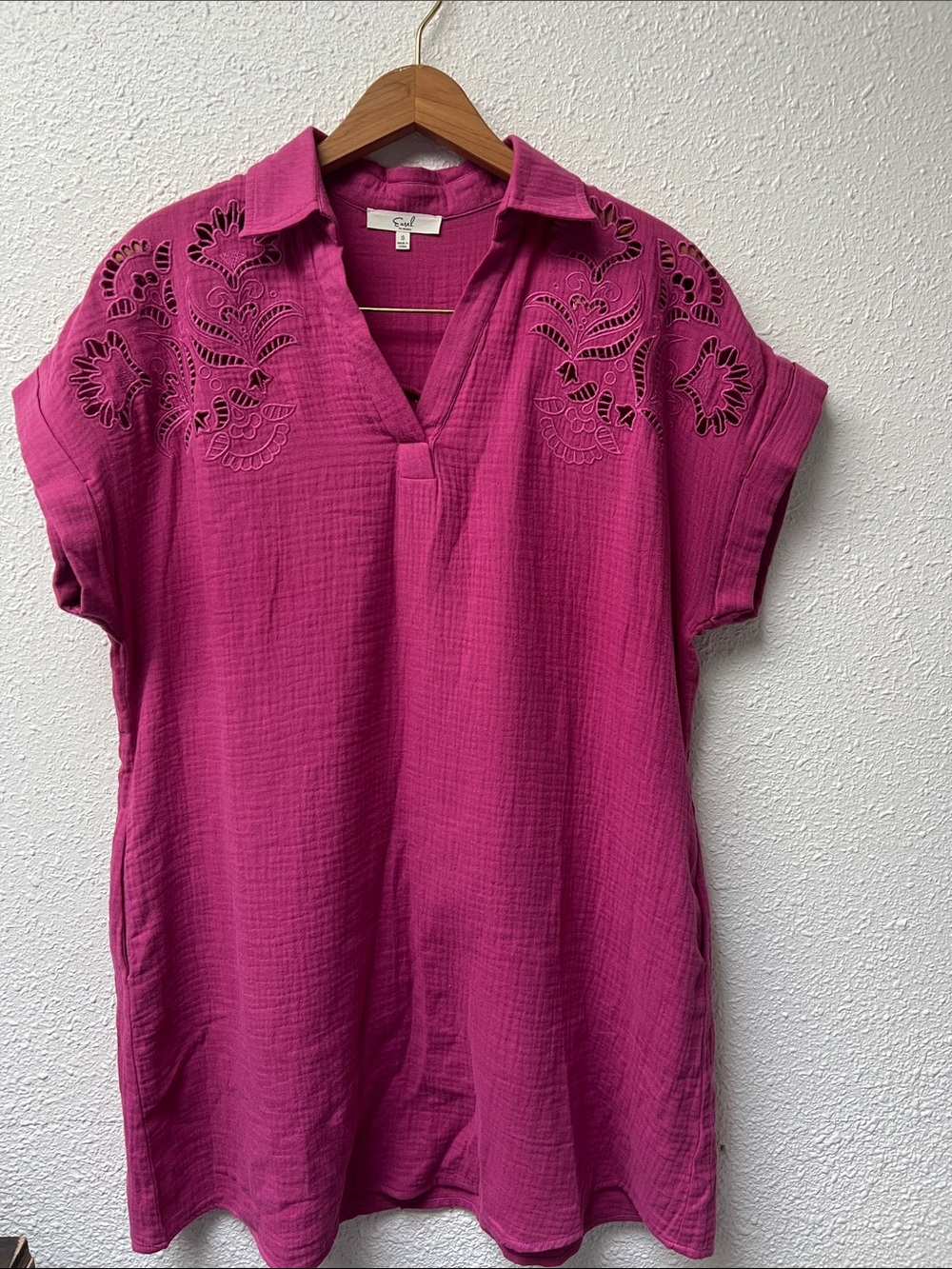 Eyelet-Trim Gauze Oversized Tunic in Fuchsia 100% Cotton